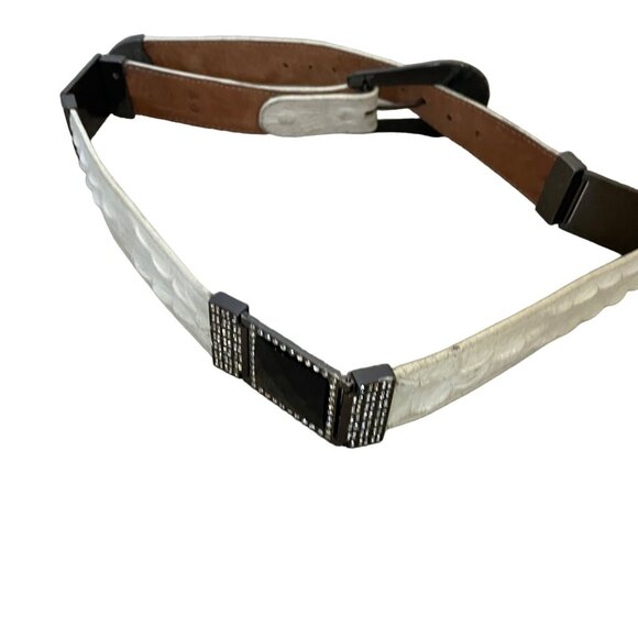 White Crocodile Embossed Leather Belt With Rhinestone Buckle & Tip By Los Altos - Picture 15 of 15